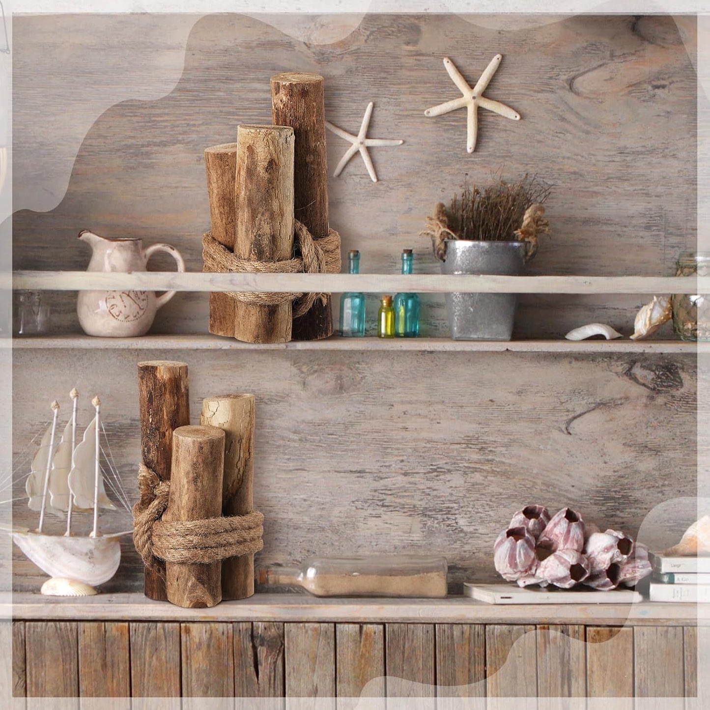 Brown 3 Pcs Driftwood Decor Rustic Table Sign Beach Driftwood Piling Farmhouse Coastal Nautical Centerpieces Tables Coastal Decor for Fish Tanks Summer Christmas Kitchen Dining Decoration
