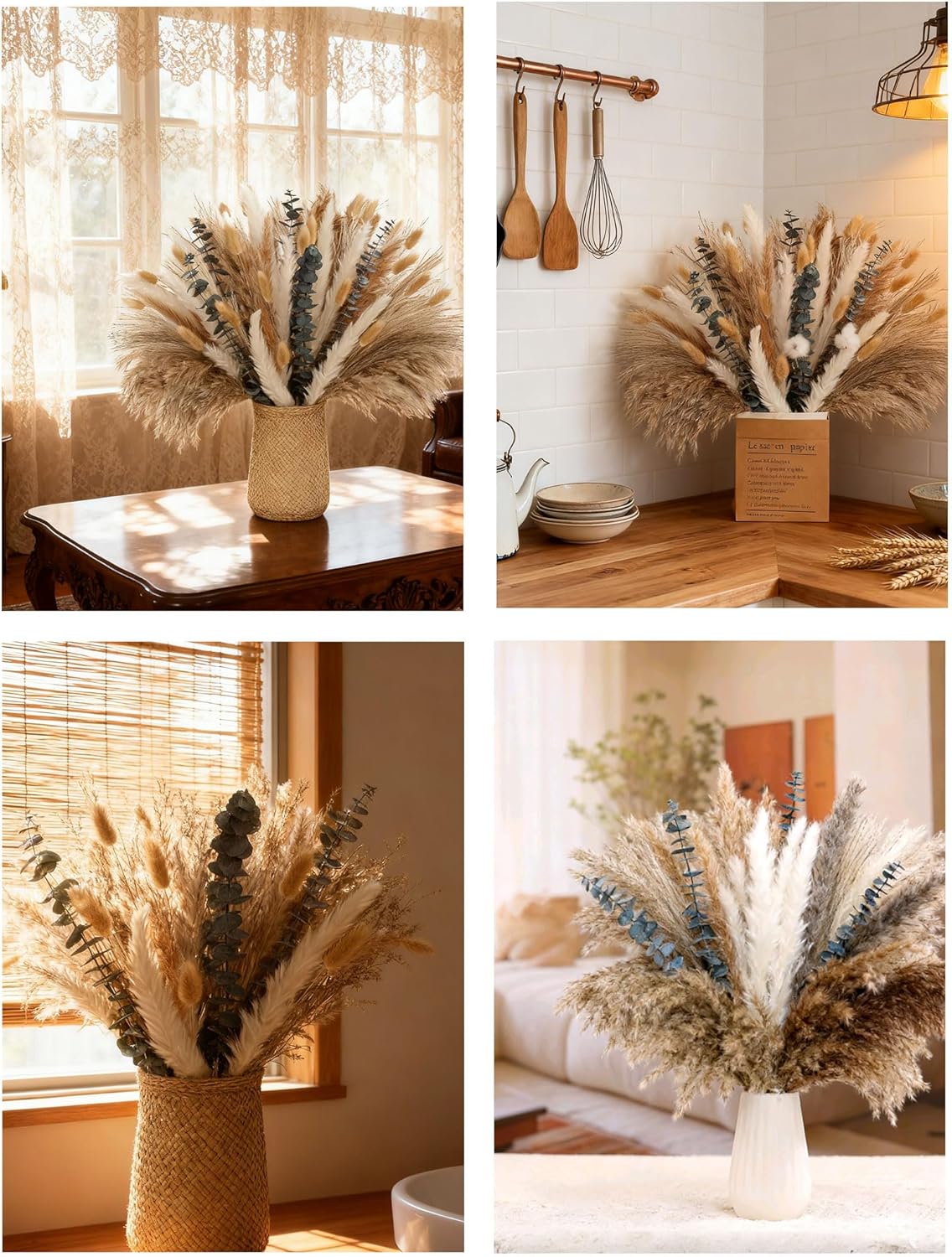 120 PCS Dried Pampas Grass, Dried Flowers, Reed Grass Bouquet for Bohemian Flowers Home Table Wedding Decoration, Rustic Farmhour.(Light Brown)