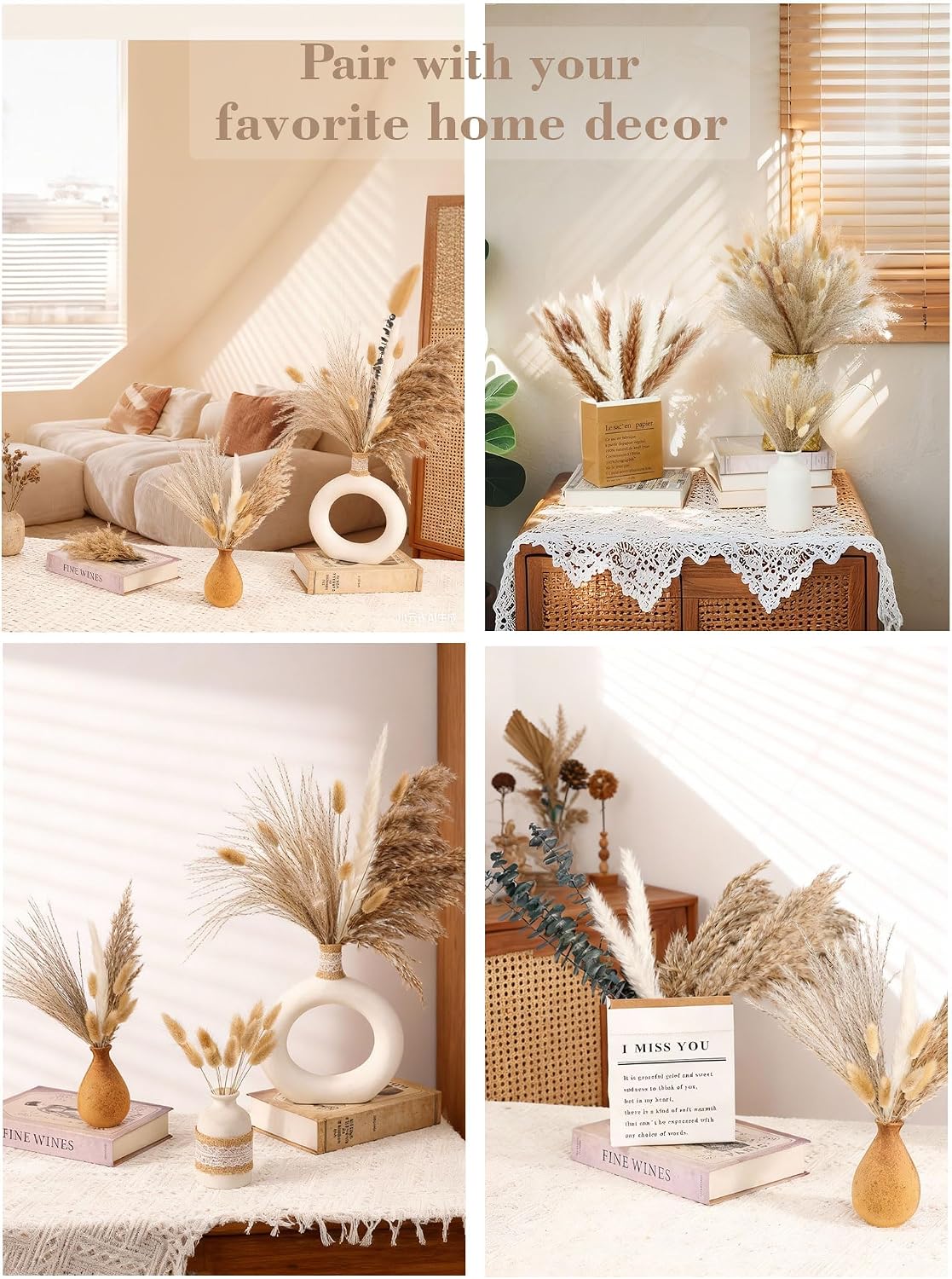 120 PCS Dried Pampas Grass, Dried Flowers, Reed Grass Bouquet for Bohemian Flowers Home Table Wedding Decoration, Rustic Farmhour.(Light Brown)