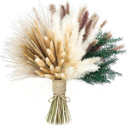 120 PCS Dried Pampas Grass, Dried Flowers, Reed Grass Bouquet for Bohemian Flowers Home Table Wedding Decoration, Rustic Farmhour.(Light Brown)