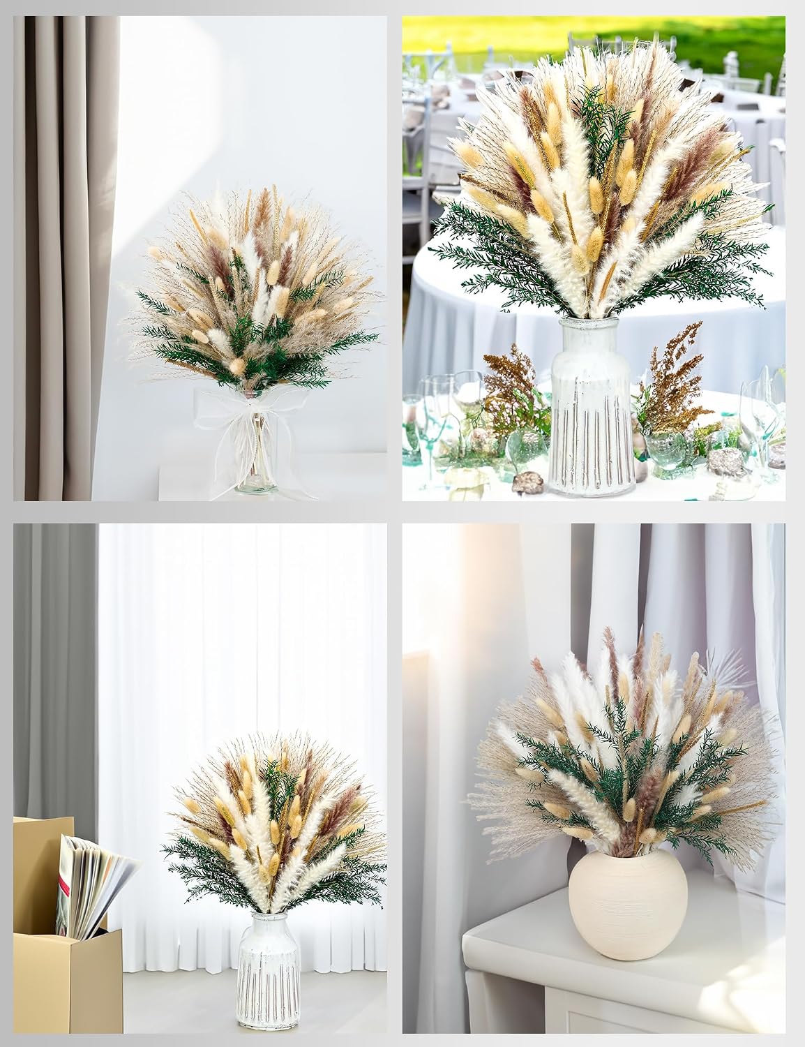120 PCS Dried Pampas Grass, Dried Flowers, Reed Grass Bouquet for Bohemian Flowers Home Table Wedding Decoration, Rustic Farmhour.(Light Brown)