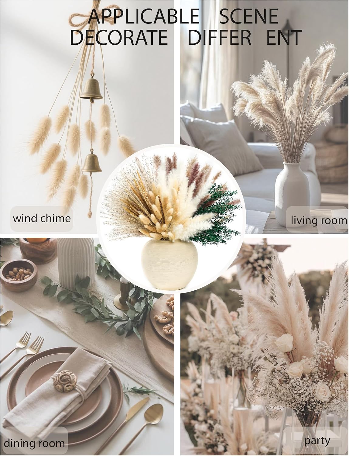 120 PCS Dried Pampas Grass, Dried Flowers, Reed Grass Bouquet for Bohemian Flowers Home Table Wedding Decoration, Rustic Farmhour.(Light Brown)