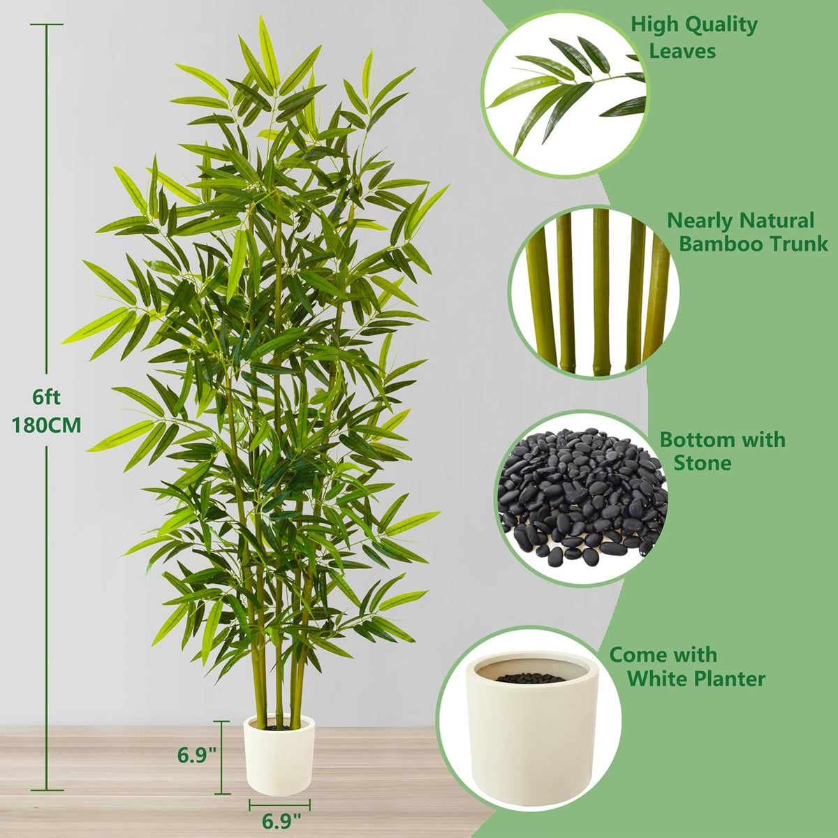 Artificial Bamboo Tree 6ft Green Fake Plant with White Planter