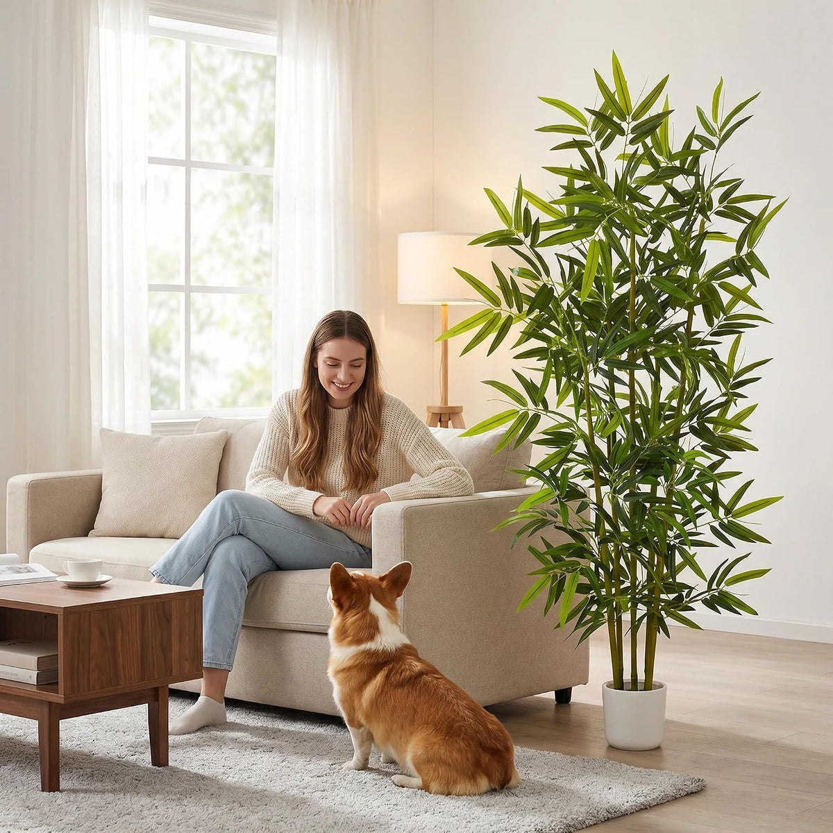 Artificial Bamboo Tree 6ft Green Fake Plant with White Planter