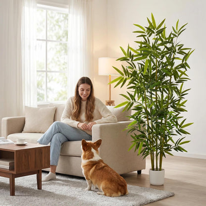 Artificial Bamboo Tree 6ft Green Fake Plant with White Planter