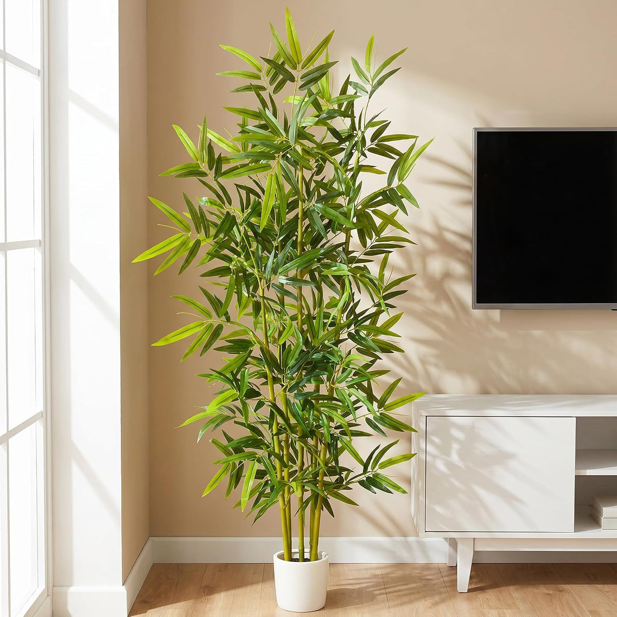 Artificial Bamboo Tree 6ft Green Fake Plant with White Planter