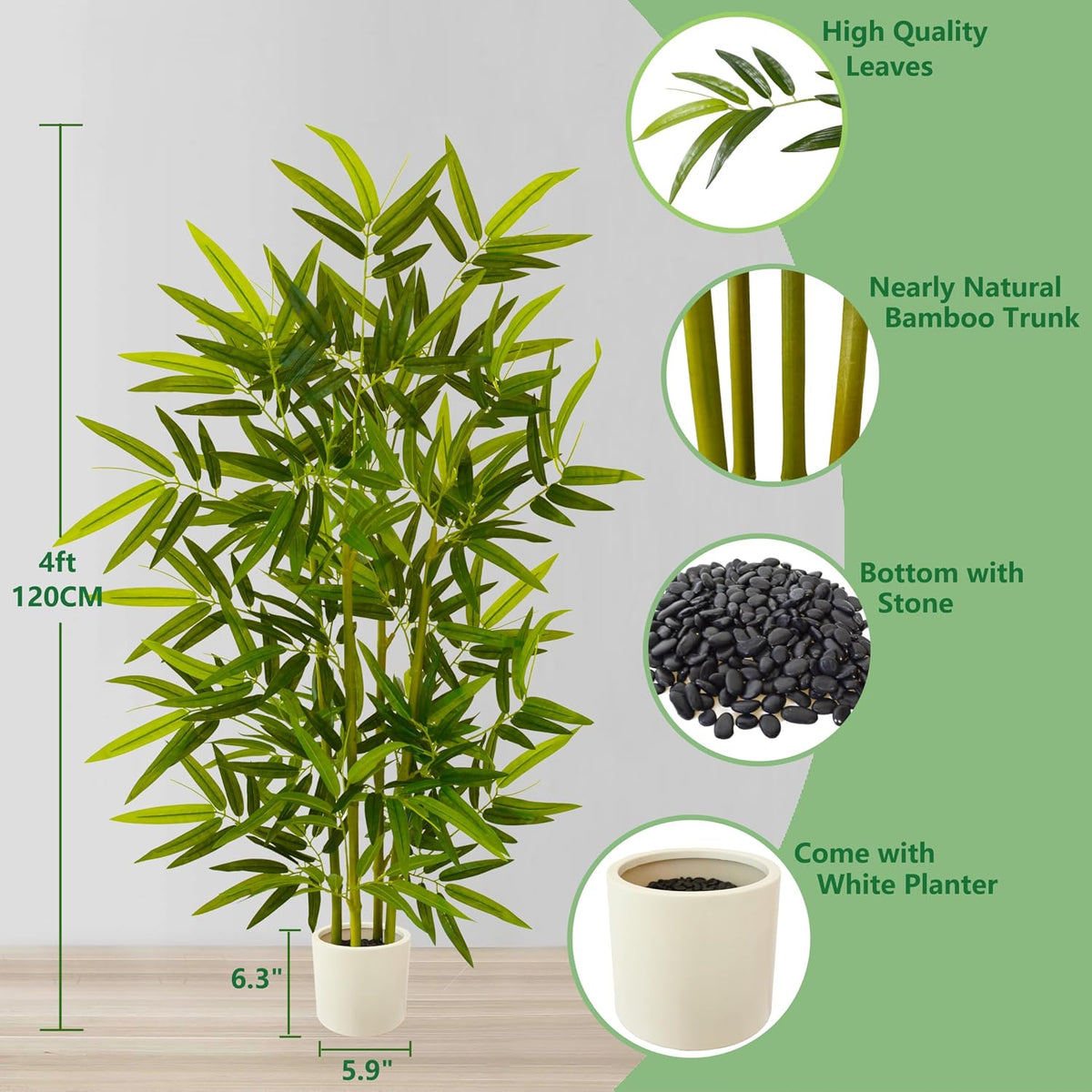 Artificial Bamboo Tree 6ft Green Fake Plant with White Planter