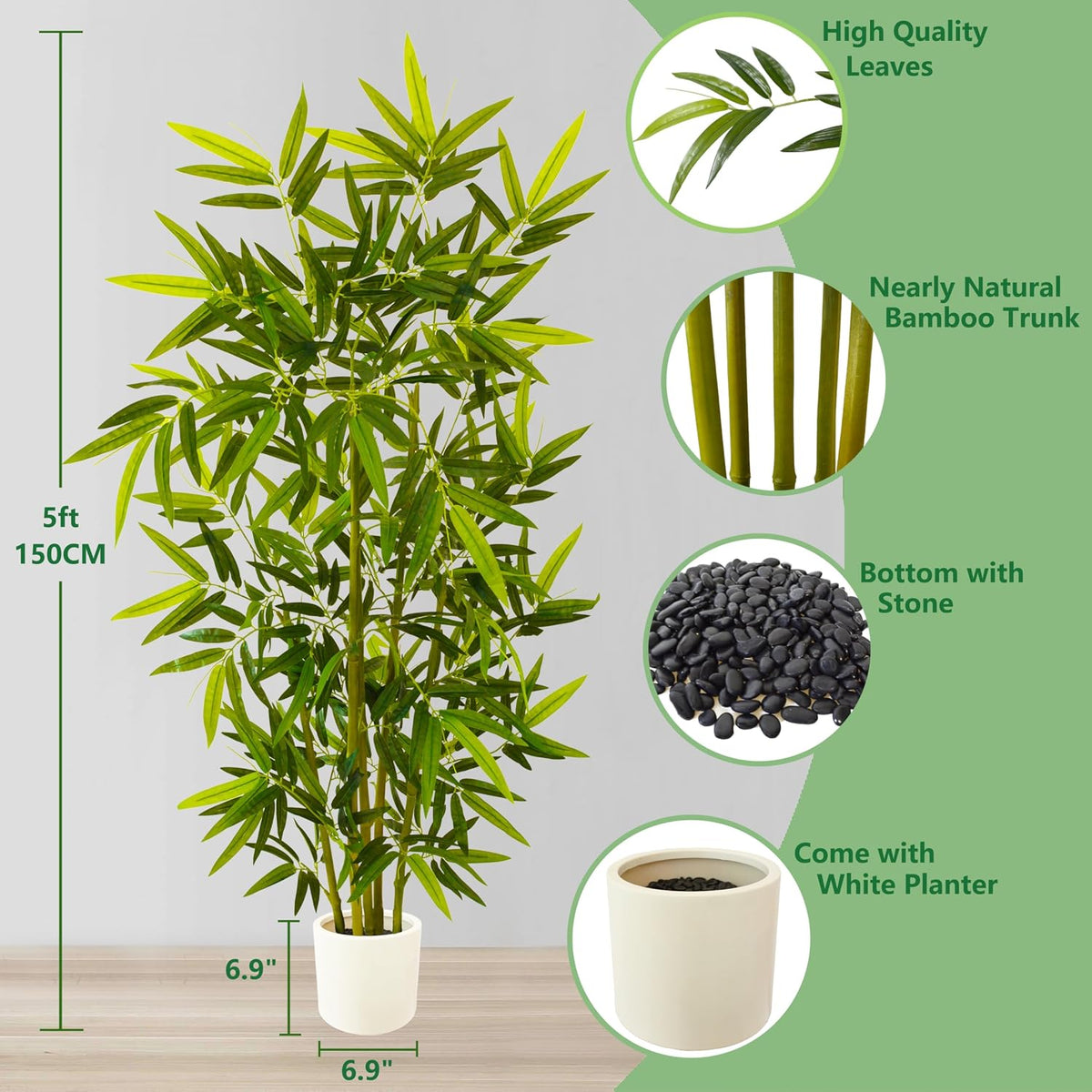 Artificial Bamboo Tree 6ft Green Fake Plant with White Planter