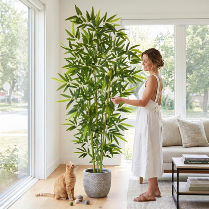 Artificial Bamboo Tree 6ft Green Fake Plant with White Planter