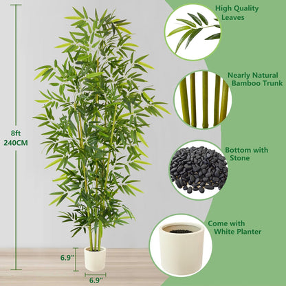 Artificial Bamboo Tree 6ft Green Fake Plant with White Planter
