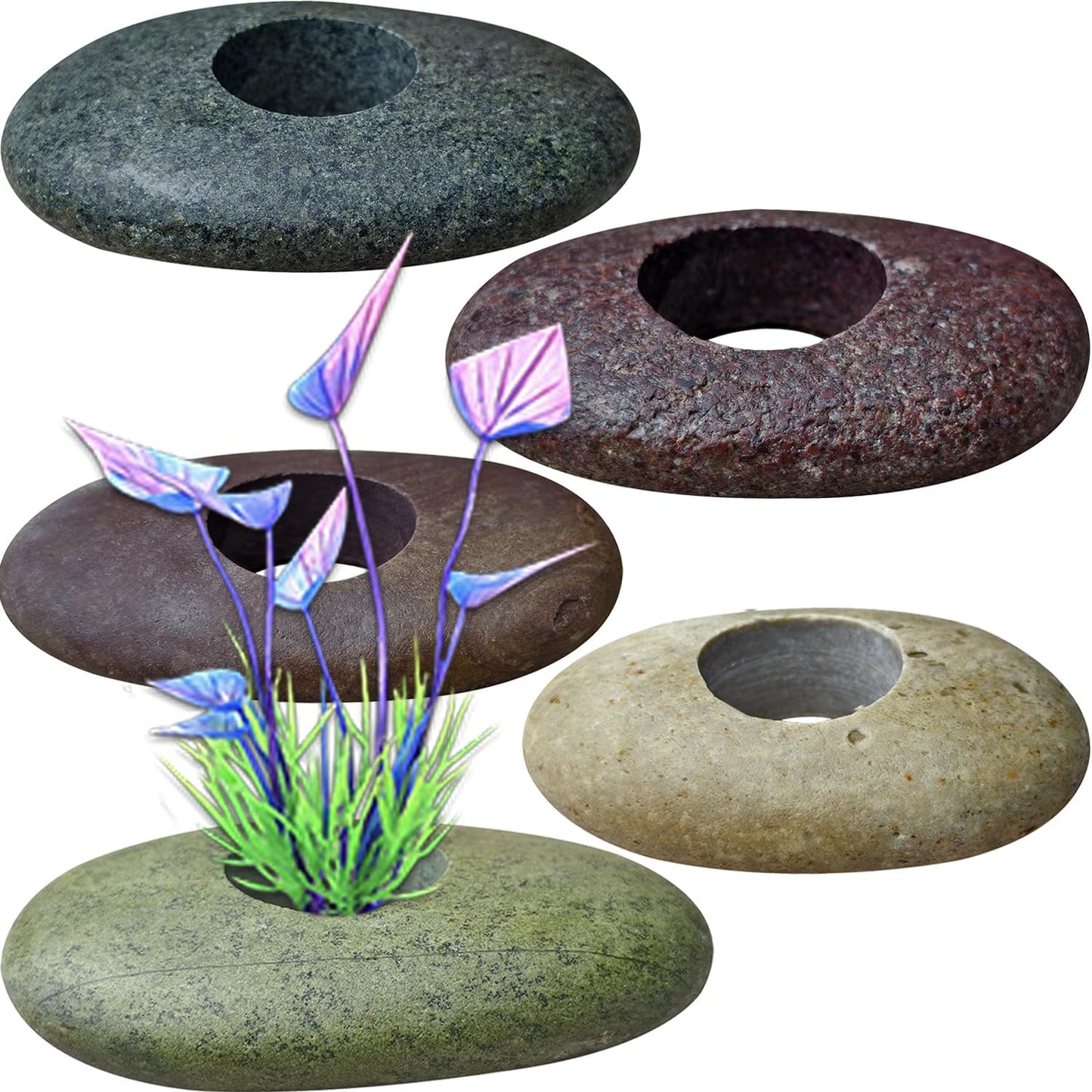 Natural River Stone Plant Weights for Aquarium, Handmade Pebble Anchors for Aquatic Plants, Fish Tank Decorations, Unique Shape & Size, Landscape Plant Weights (Small 0.8″ Hole 6pcs)