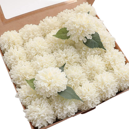 Artificial Dahlia Flowers 25pcs Real Looking Ivory Foam Fake Roses with Stems for DIY Wedding Bouquets White Bridal Shower Centerpieces Floral Arrangements Party Tables Home Decoration