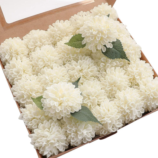 Artificial Dahlia Flowers 25pcs Real Looking Ivory Foam Fake Roses with Stems for DIY Wedding Bouquets White Bridal Shower Centerpieces Floral Arrangements Party Tables Home Decoration