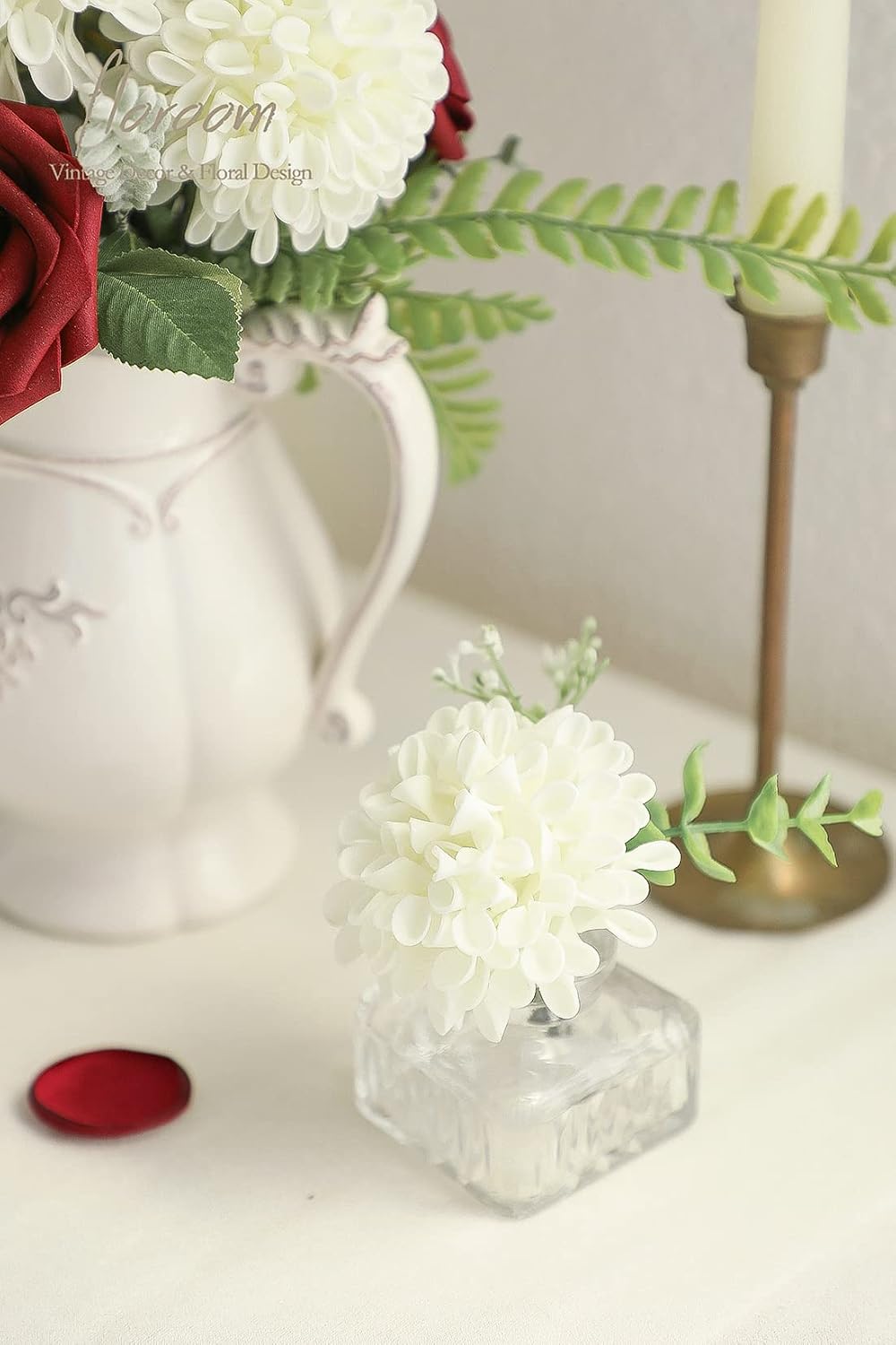 Artificial Dahlia Flowers 25pcs Real Looking Ivory Foam Fake Roses with Stems for DIY Wedding Bouquets White Bridal Shower Centerpieces Floral Arrangements Party Tables Home Decoration