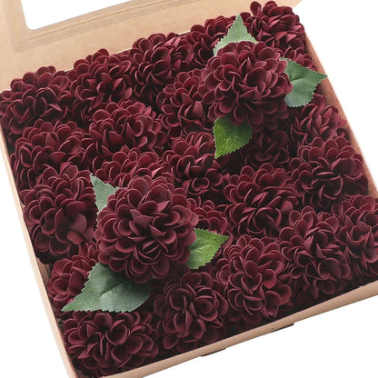 Artificial Dahlia Flowers 25pcs Real Looking Ivory Foam Fake Roses with Stems for DIY Wedding Bouquets White Bridal Shower Centerpieces Floral Arrangements Party Tables Home Decoration