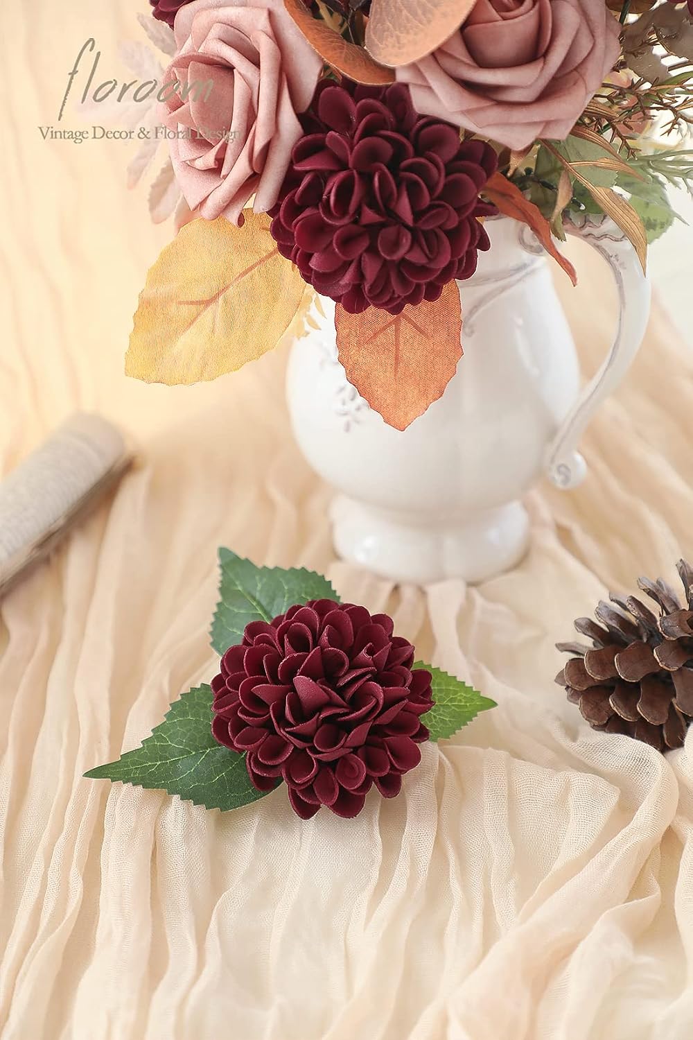 Artificial Dahlia Flowers 25pcs Real Looking Ivory Foam Fake Roses with Stems for DIY Wedding Bouquets White Bridal Shower Centerpieces Floral Arrangements Party Tables Home Decoration