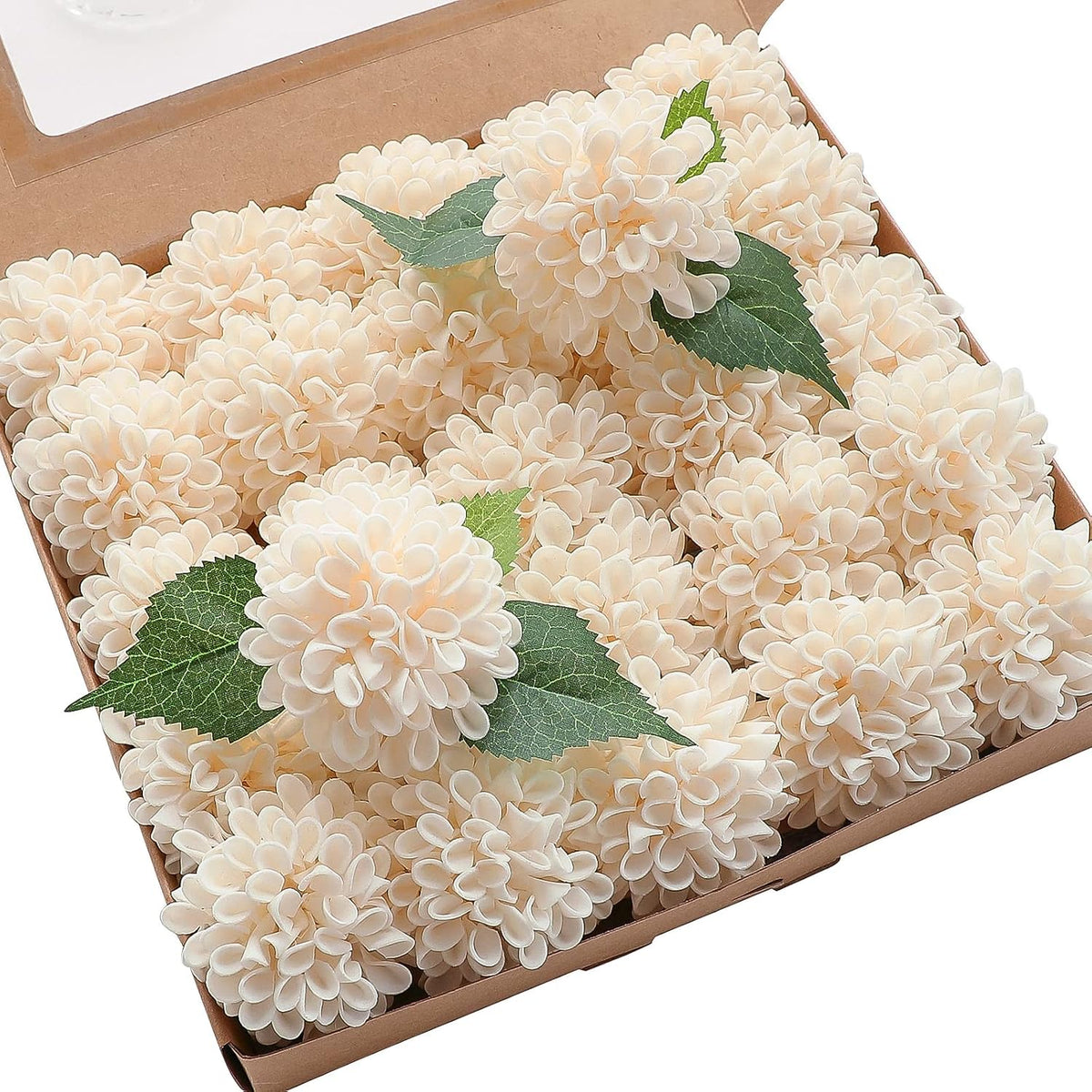 Artificial Dahlia Flowers 25pcs Real Looking Ivory Foam Fake Roses with Stems for DIY Wedding Bouquets White Bridal Shower Centerpieces Floral Arrangements Party Tables Home Decoration