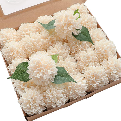 Artificial Dahlia Flowers 25pcs Real Looking Ivory Foam Fake Roses with Stems for DIY Wedding Bouquets White Bridal Shower Centerpieces Floral Arrangements Party Tables Home Decoration