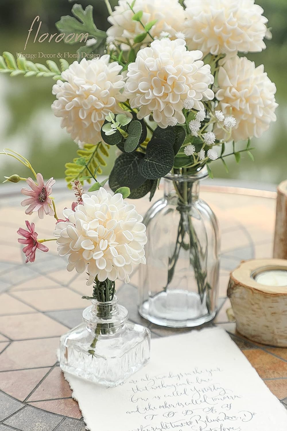 Artificial Dahlia Flowers 25pcs Real Looking Ivory Foam Fake Roses with Stems for DIY Wedding Bouquets White Bridal Shower Centerpieces Floral Arrangements Party Tables Home Decoration