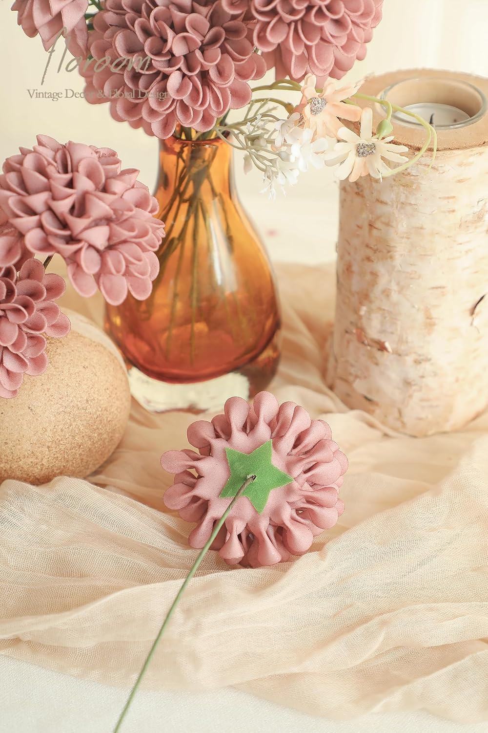 Artificial Dahlia Flowers 25pcs Real Looking Ivory Foam Fake Roses with Stems for DIY Wedding Bouquets White Bridal Shower Centerpieces Floral Arrangements Party Tables Home Decoration