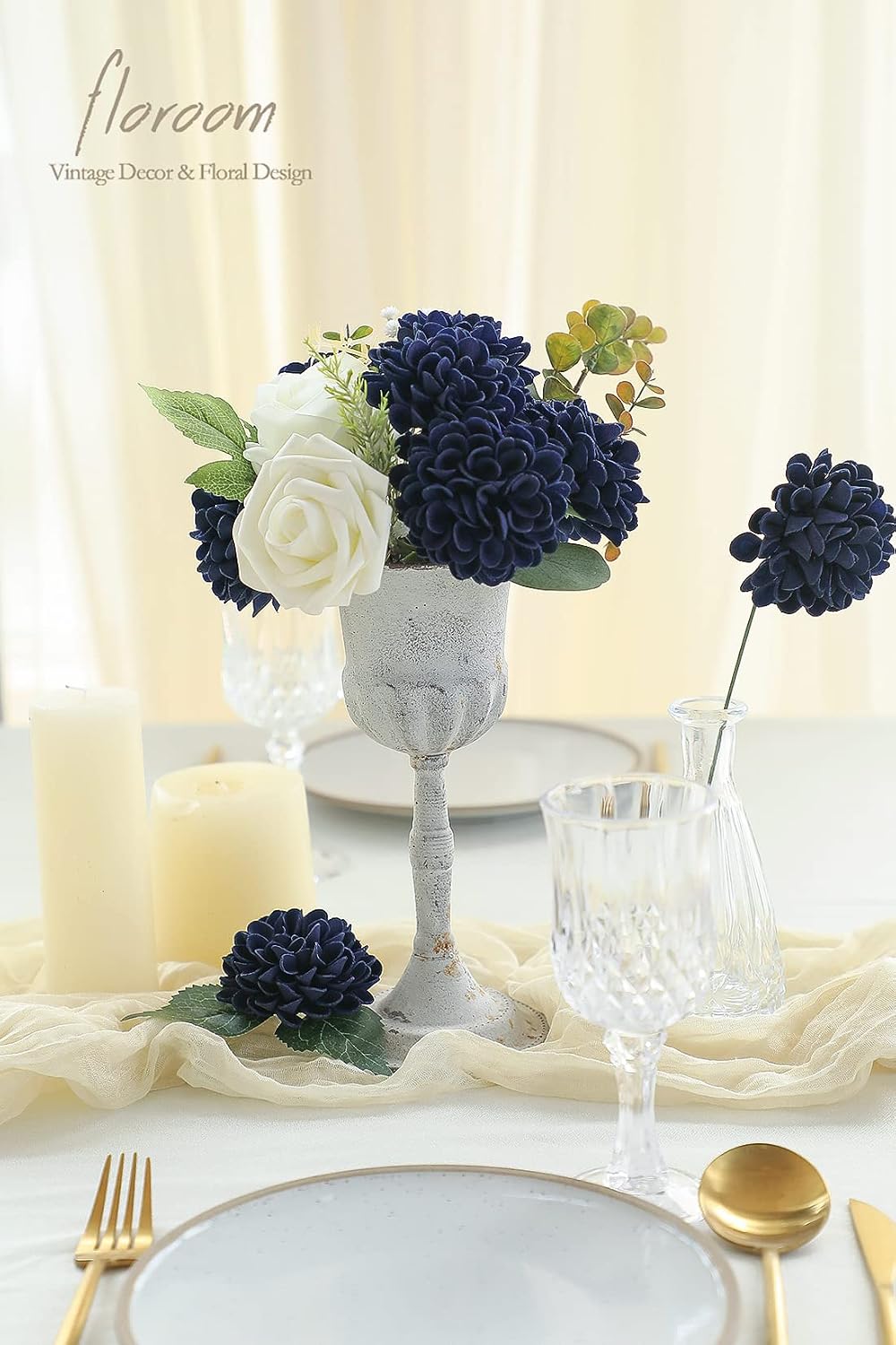 Artificial Dahlia Flowers 25pcs Real Looking Ivory Foam Fake Roses with Stems for DIY Wedding Bouquets White Bridal Shower Centerpieces Floral Arrangements Party Tables Home Decoration