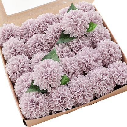 Artificial Dahlia Flowers 25pcs Real Looking Ivory Foam Fake Roses with Stems for DIY Wedding Bouquets White Bridal Shower Centerpieces Floral Arrangements Party Tables Home Decoration