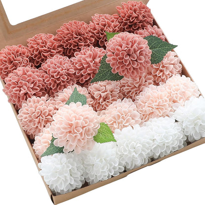 Artificial Dahlia Flowers 25pcs Real Looking Ivory Foam Fake Roses with Stems for DIY Wedding Bouquets White Bridal Shower Centerpieces Floral Arrangements Party Tables Home Decoration