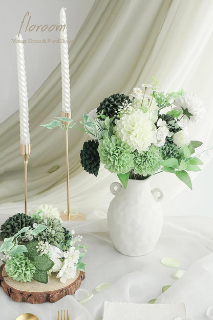 Artificial Dahlia Flowers 25pcs Real Looking Ivory Foam Fake Roses with Stems for DIY Wedding Bouquets White Bridal Shower Centerpieces Floral Arrangements Party Tables Home Decoration
