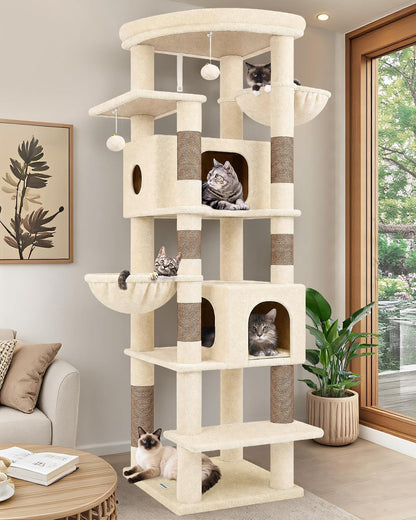 Cactus Heavy Duty Cat Tree, 74in Tall Sturdy Cat Tower for Large Cats Adult Big Cat Tree with 7 Scratching Posts, 2 Padded Spacious Condos, 2 Hanging Baskets, Enlarged Top Perch, S74, Green