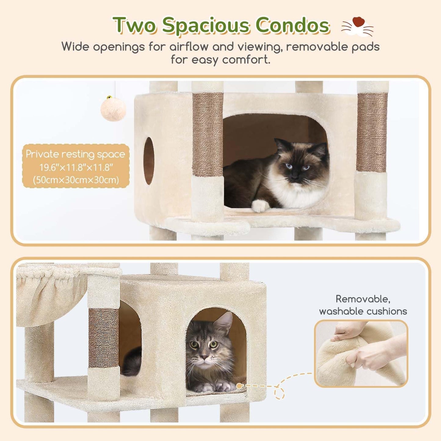 Cactus Heavy Duty Cat Tree, 74in Tall Sturdy Cat Tower for Large Cats Adult Big Cat Tree with 7 Scratching Posts, 2 Padded Spacious Condos, 2 Hanging Baskets, Enlarged Top Perch, S74, Green