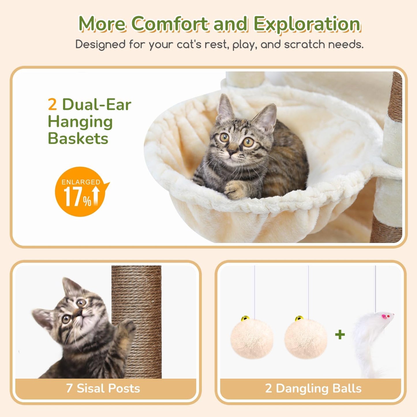 Cactus Heavy Duty Cat Tree, 74in Tall Sturdy Cat Tower for Large Cats Adult Big Cat Tree with 7 Scratching Posts, 2 Padded Spacious Condos, 2 Hanging Baskets, Enlarged Top Perch, S74, Green