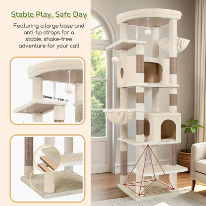 Cactus Heavy Duty Cat Tree, 74in Tall Sturdy Cat Tower for Large Cats Adult Big Cat Tree with 7 Scratching Posts, 2 Padded Spacious Condos, 2 Hanging Baskets, Enlarged Top Perch, S74, Green