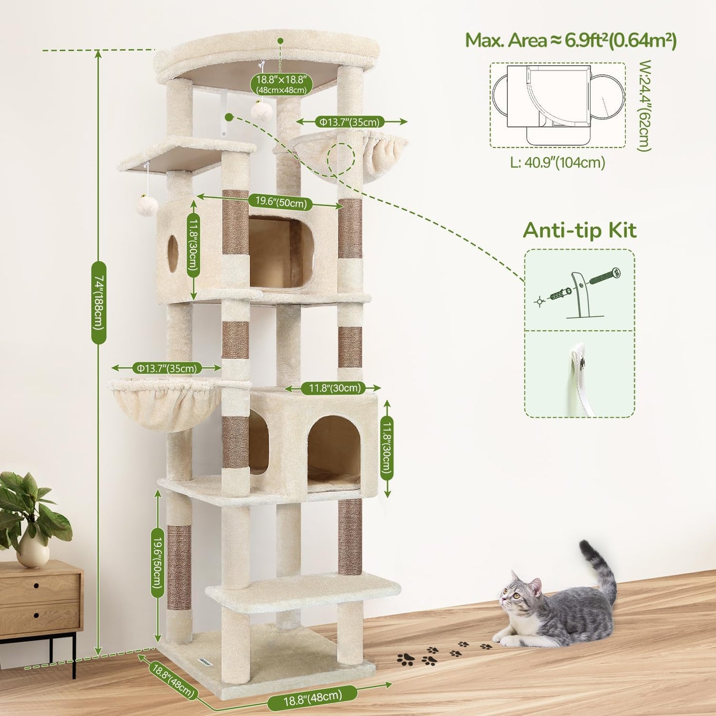 Cactus Heavy Duty Cat Tree, 74in Tall Sturdy Cat Tower for Large Cats Adult Big Cat Tree with 7 Scratching Posts, 2 Padded Spacious Condos, 2 Hanging Baskets, Enlarged Top Perch, S74, Green