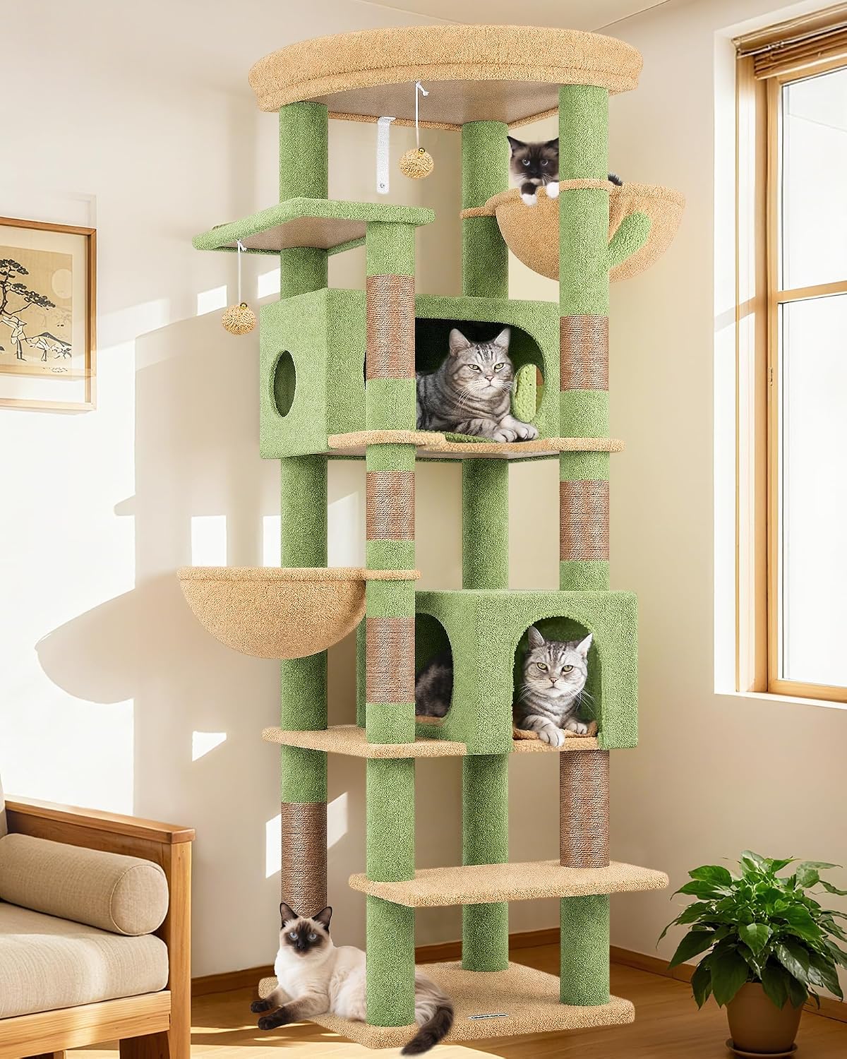 Cactus Heavy Duty Cat Tree, 74in Tall Sturdy Cat Tower for Large Cats Adult Big Cat Tree with 7 Scratching Posts, 2 Padded Spacious Condos, 2 Hanging Baskets, Enlarged Top Perch, S74, Green