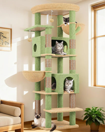 Cactus Heavy Duty Cat Tree, 74in Tall Sturdy Cat Tower for Large Cats Adult Big Cat Tree with 7 Scratching Posts, 2 Padded Spacious Condos, 2 Hanging Baskets, Enlarged Top Perch, S74, Green