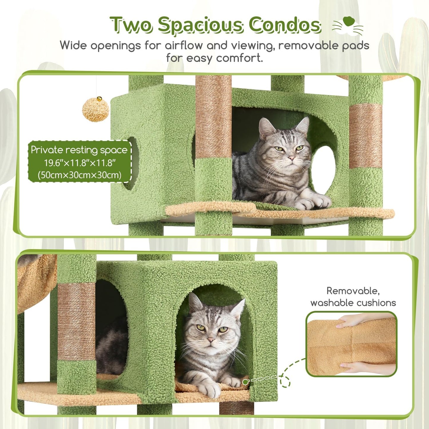 Cactus Heavy Duty Cat Tree, 74in Tall Sturdy Cat Tower for Large Cats Adult Big Cat Tree with 7 Scratching Posts, 2 Padded Spacious Condos, 2 Hanging Baskets, Enlarged Top Perch, S74, Green