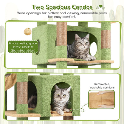 Cactus Heavy Duty Cat Tree, 74in Tall Sturdy Cat Tower for Large Cats Adult Big Cat Tree with 7 Scratching Posts, 2 Padded Spacious Condos, 2 Hanging Baskets, Enlarged Top Perch, S74, Green