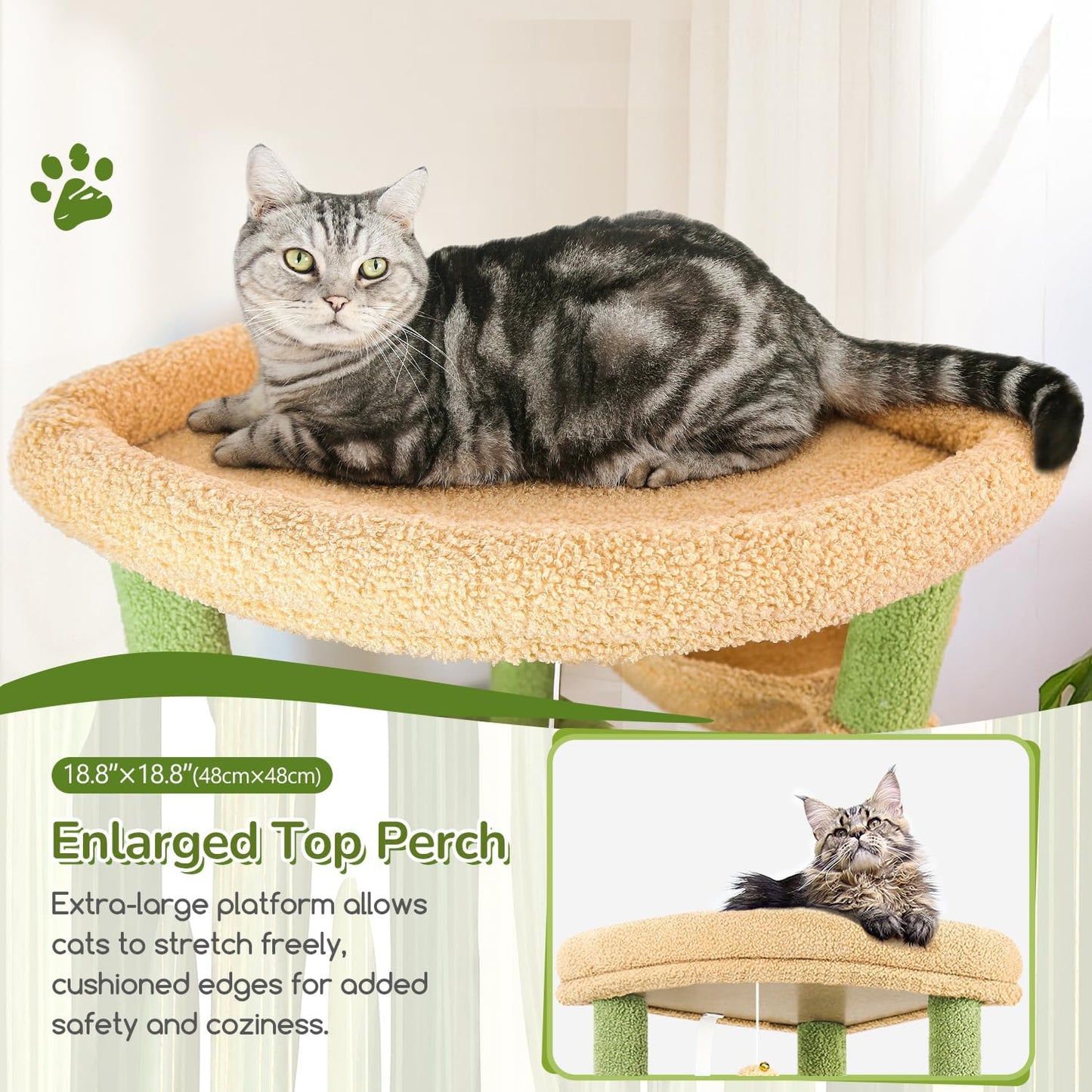 Cactus Heavy Duty Cat Tree, 74in Tall Sturdy Cat Tower for Large Cats Adult Big Cat Tree with 7 Scratching Posts, 2 Padded Spacious Condos, 2 Hanging Baskets, Enlarged Top Perch, S74, Green