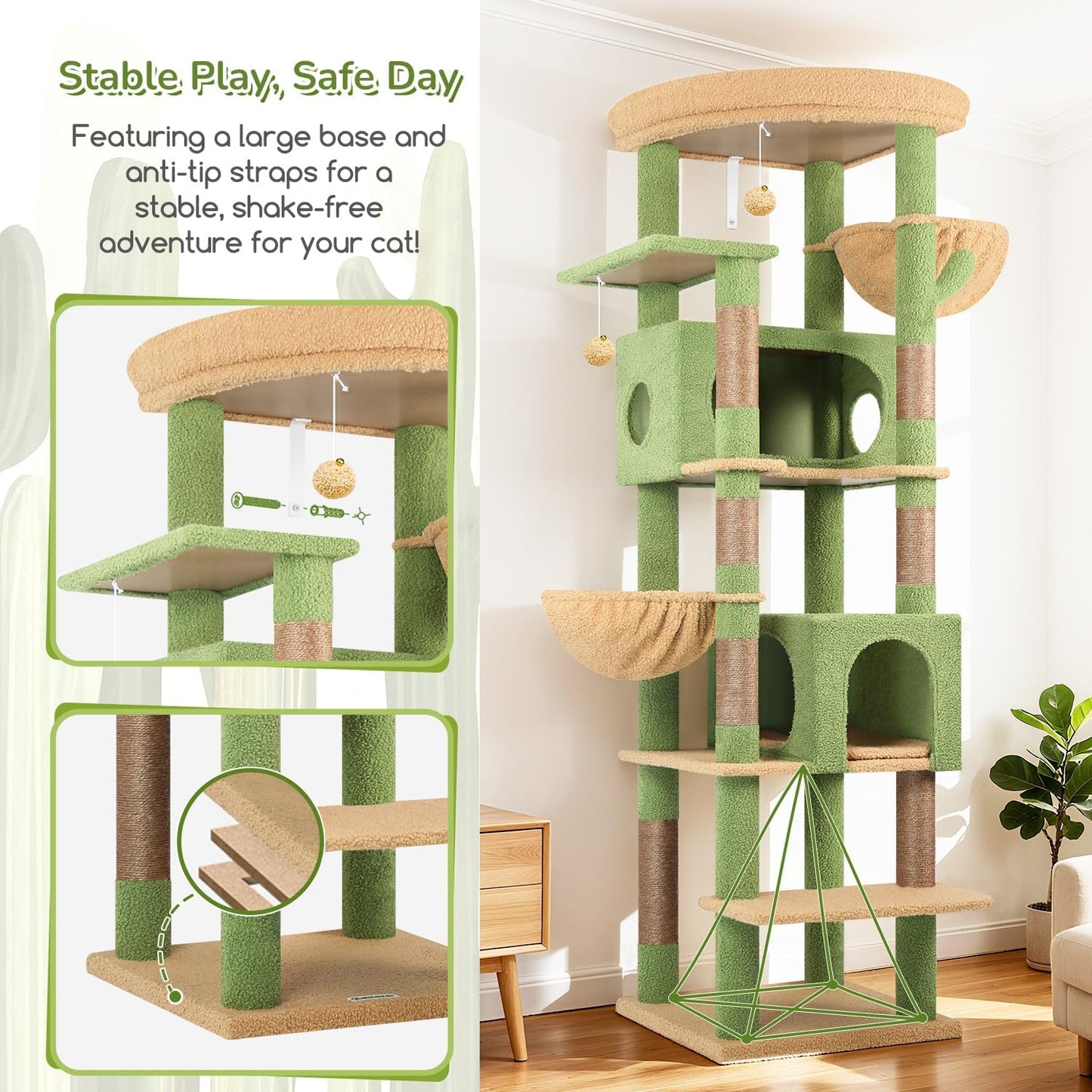 Cactus Heavy Duty Cat Tree, 74in Tall Sturdy Cat Tower for Large Cats Adult Big Cat Tree with 7 Scratching Posts, 2 Padded Spacious Condos, 2 Hanging Baskets, Enlarged Top Perch, S74, Green
