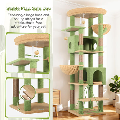 Cactus Heavy Duty Cat Tree, 74in Tall Sturdy Cat Tower for Large Cats Adult Big Cat Tree with 7 Scratching Posts, 2 Padded Spacious Condos, 2 Hanging Baskets, Enlarged Top Perch, S74, Green