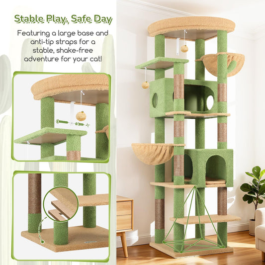 Cactus Heavy Duty Cat Tree, 74in Tall Sturdy Cat Tower for Large Cats Adult Big Cat Tree with 7 Scratching Posts, 2 Padded Spacious Condos, 2 Hanging Baskets, Enlarged Top Perch, S74, Green