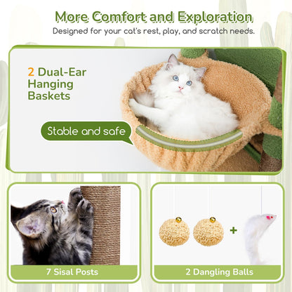 Cactus Heavy Duty Cat Tree, 74in Tall Sturdy Cat Tower for Large Cats Adult Big Cat Tree with 7 Scratching Posts, 2 Padded Spacious Condos, 2 Hanging Baskets, Enlarged Top Perch, S74, Green