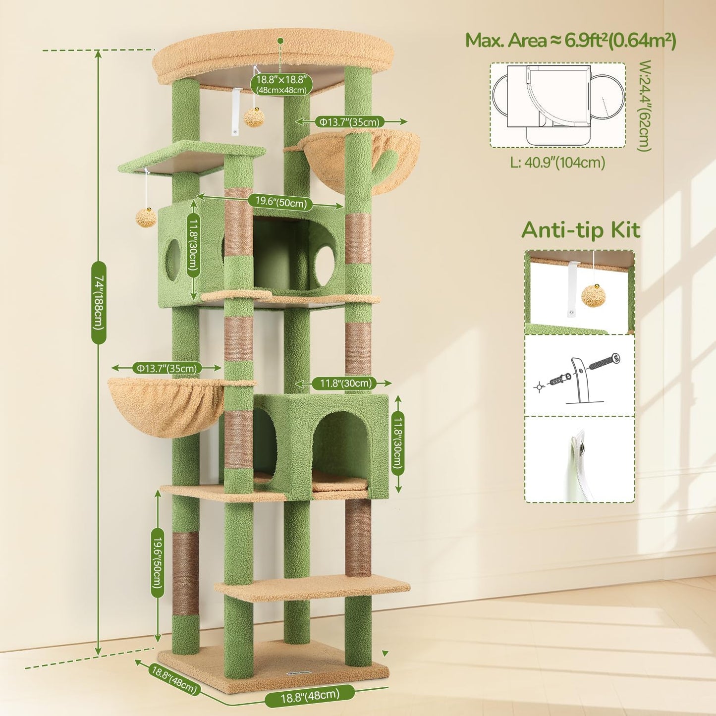 Cactus Heavy Duty Cat Tree, 74in Tall Sturdy Cat Tower for Large Cats Adult Big Cat Tree with 7 Scratching Posts, 2 Padded Spacious Condos, 2 Hanging Baskets, Enlarged Top Perch, S74, Green