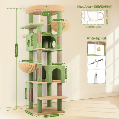 Cactus Heavy Duty Cat Tree, 74in Tall Sturdy Cat Tower for Large Cats Adult Big Cat Tree with 7 Scratching Posts, 2 Padded Spacious Condos, 2 Hanging Baskets, Enlarged Top Perch, S74, Green