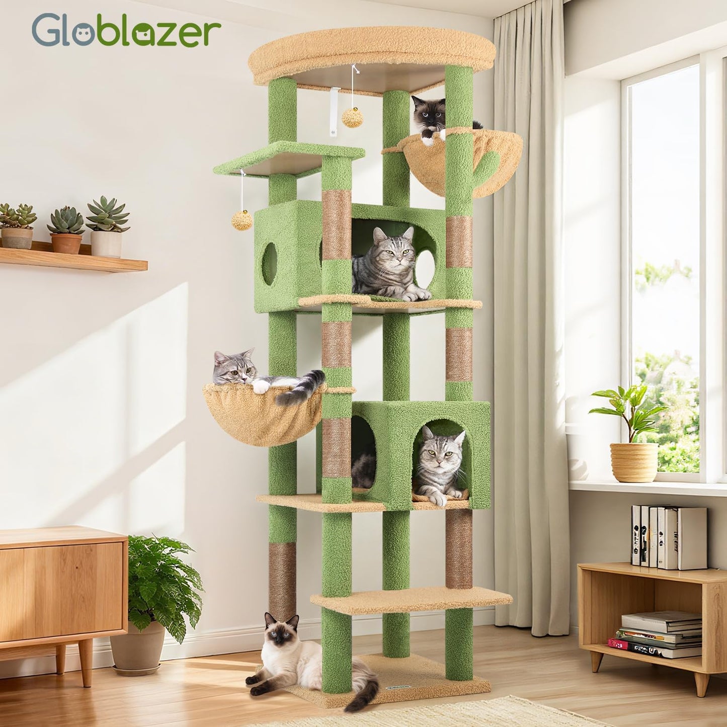 Cactus Heavy Duty Cat Tree, 74in Tall Sturdy Cat Tower for Large Cats Adult Big Cat Tree with 7 Scratching Posts, 2 Padded Spacious Condos, 2 Hanging Baskets, Enlarged Top Perch, S74, Green