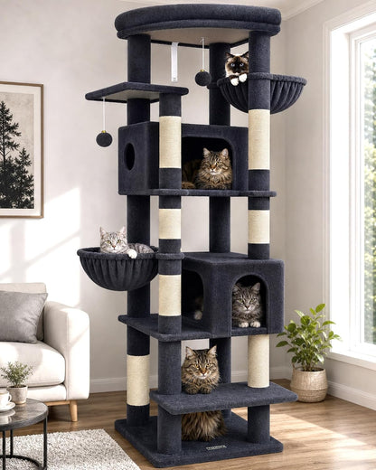 Cactus Heavy Duty Cat Tree, 74in Tall Sturdy Cat Tower for Large Cats Adult Big Cat Tree with 7 Scratching Posts, 2 Padded Spacious Condos, 2 Hanging Baskets, Enlarged Top Perch, S74, Green