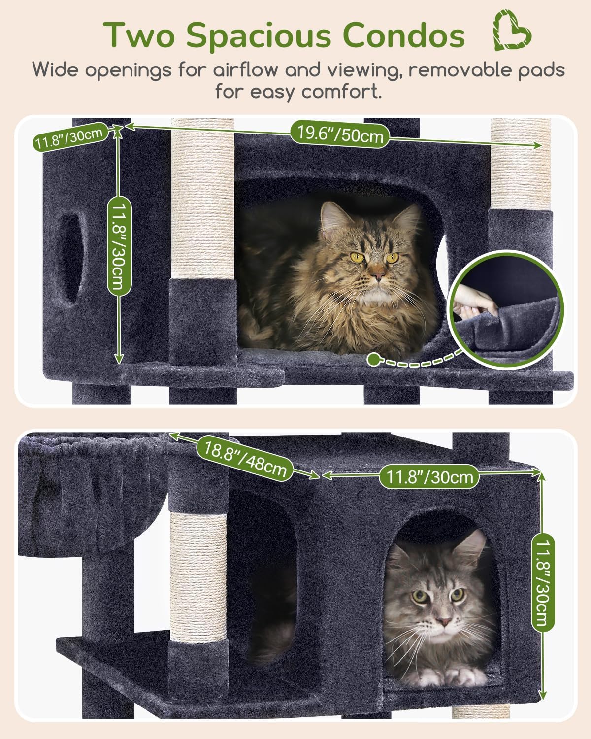 Cactus Heavy Duty Cat Tree, 74in Tall Sturdy Cat Tower for Large Cats Adult Big Cat Tree with 7 Scratching Posts, 2 Padded Spacious Condos, 2 Hanging Baskets, Enlarged Top Perch, S74, Green