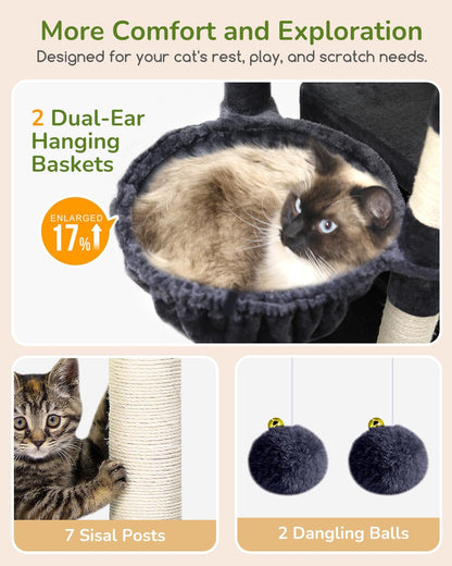Cactus Heavy Duty Cat Tree, 74in Tall Sturdy Cat Tower for Large Cats Adult Big Cat Tree with 7 Scratching Posts, 2 Padded Spacious Condos, 2 Hanging Baskets, Enlarged Top Perch, S74, Green