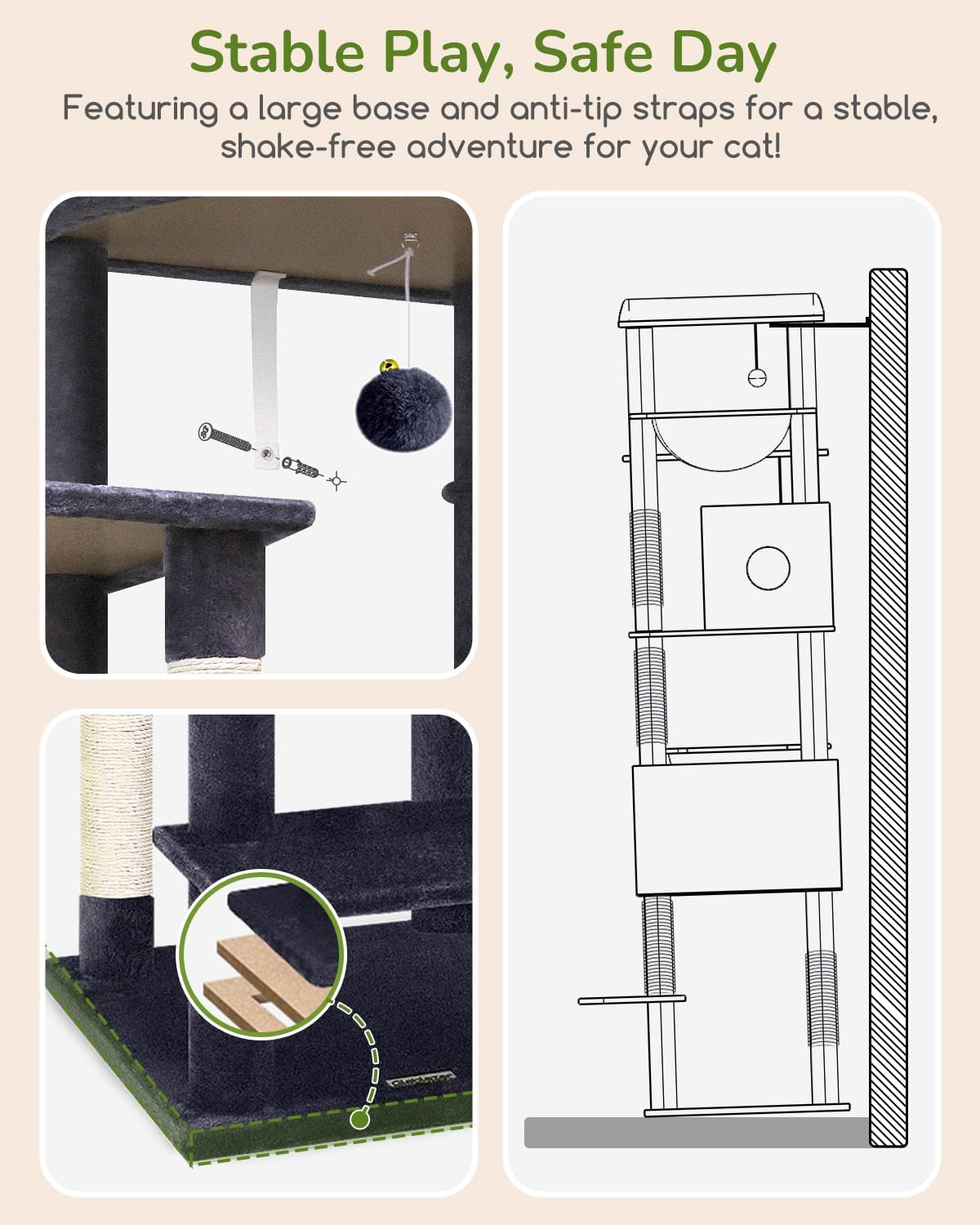 Cactus Heavy Duty Cat Tree, 74in Tall Sturdy Cat Tower for Large Cats Adult Big Cat Tree with 7 Scratching Posts, 2 Padded Spacious Condos, 2 Hanging Baskets, Enlarged Top Perch, S74, Green