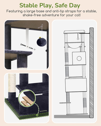 Cactus Heavy Duty Cat Tree, 74in Tall Sturdy Cat Tower for Large Cats Adult Big Cat Tree with 7 Scratching Posts, 2 Padded Spacious Condos, 2 Hanging Baskets, Enlarged Top Perch, S74, Green